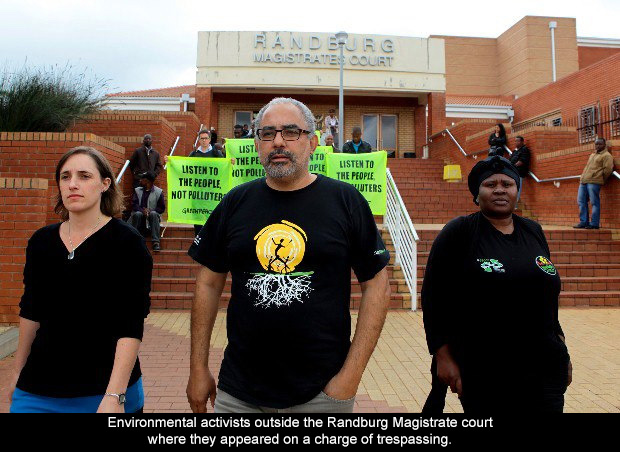 Environmental activists outside the Randburg Magistrate court where they appeared on a charge of trespassing.